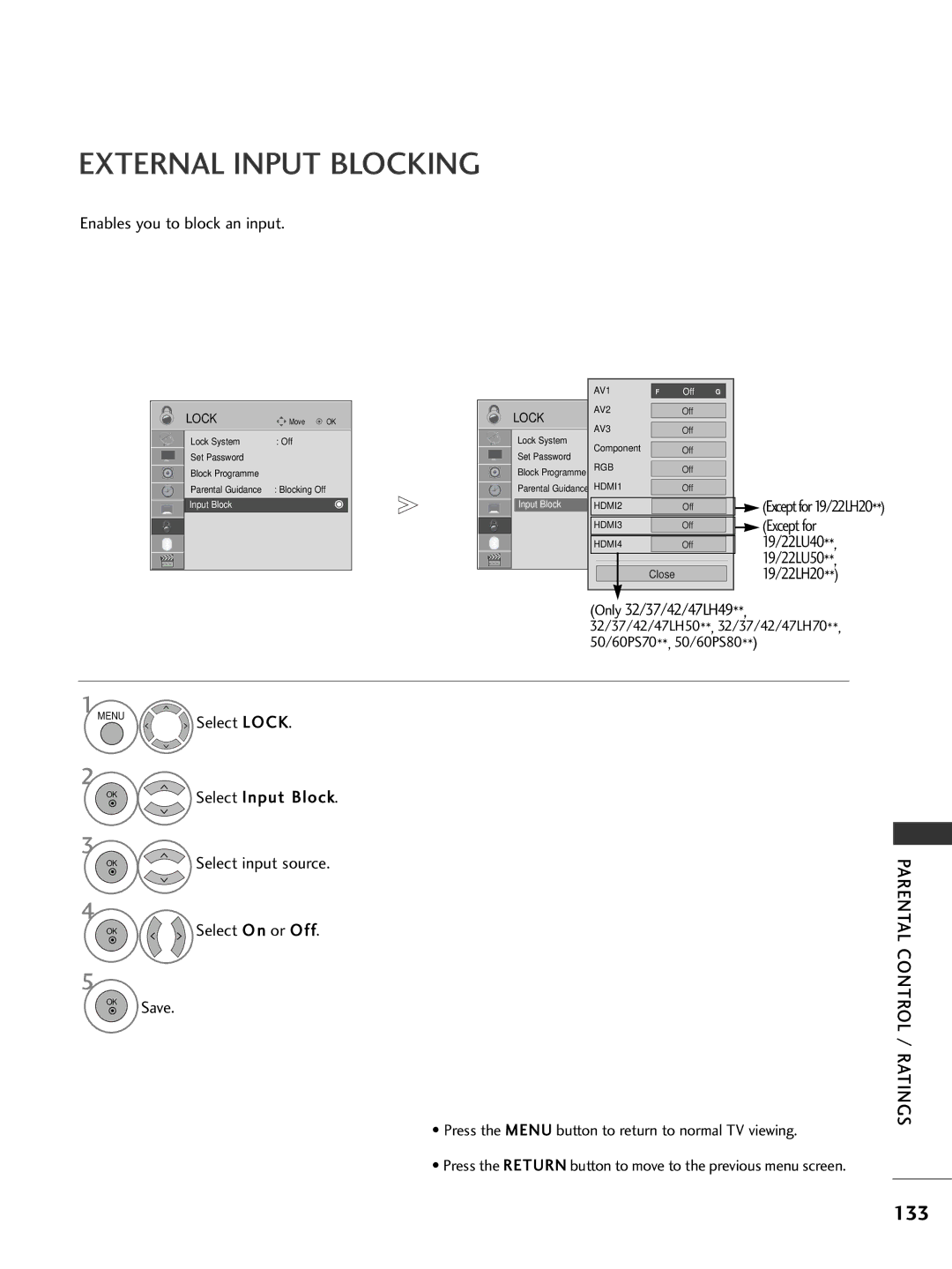 LG Electronics 2222LLUU4400, 3377LLHH4400, 3377LLHH3300 External Input Blocking, 133, Enables you to block an input 