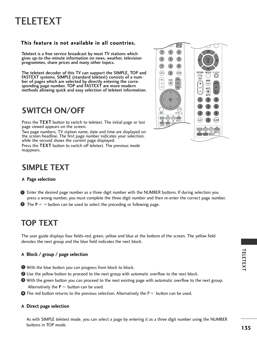 LG Electronics 2266LLUU5500, 3377LLHH4400 135, P button can be used to select the preceding or following, Teletext 