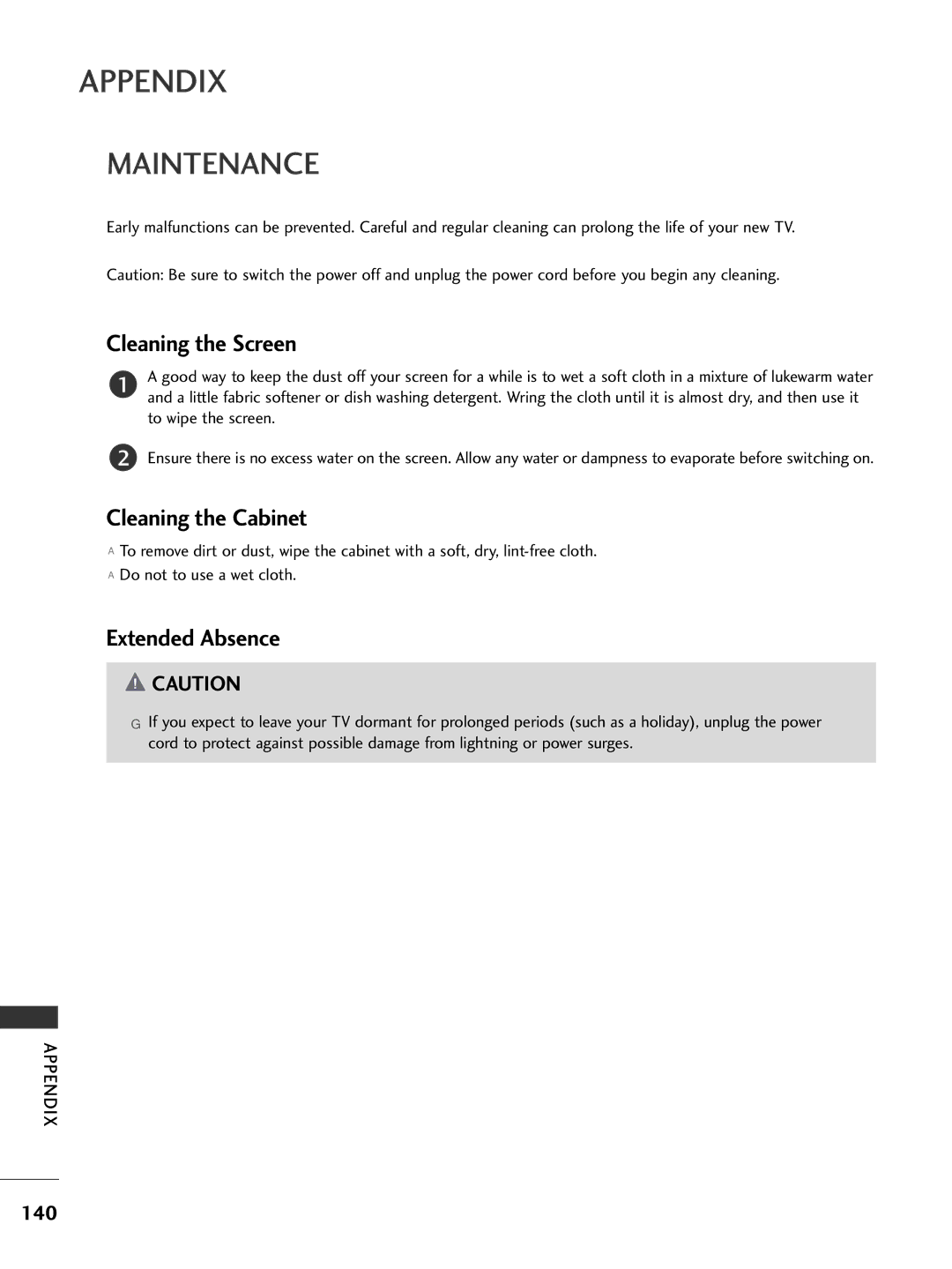 LG Electronics 4477LLHH3300, 3377LLHH4400, 3377LLHH3300, 3322LLHH3300, 3377LLHH2200, 3322LLHH4400 owner manual Maintenance, 140 