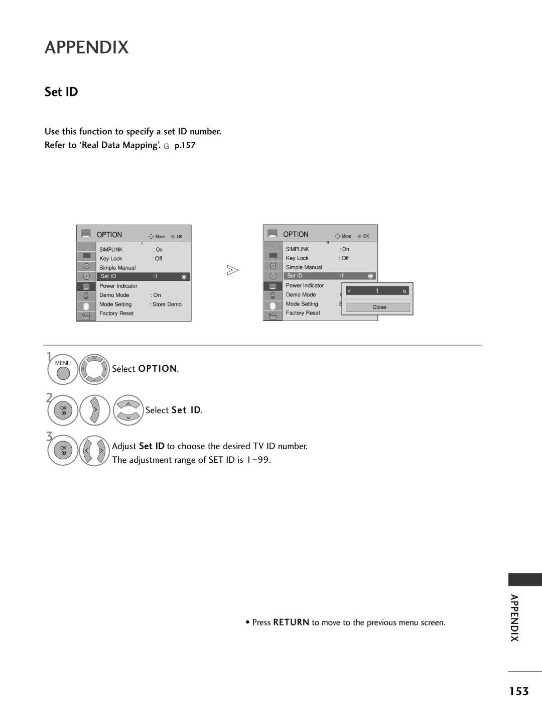 LG Electronics 2222LLUU5500, 3377LLHH4400, 3377LLHH3300 owner manual 153, Select Set ID, Adjustment range of SET ID is 1 ~99 