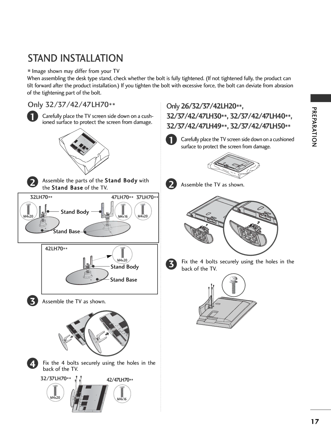 LG Electronics 1199LLUU5500 Stand Installation, Assemble the parts of the Stand Body with, Stand Base of the TV 