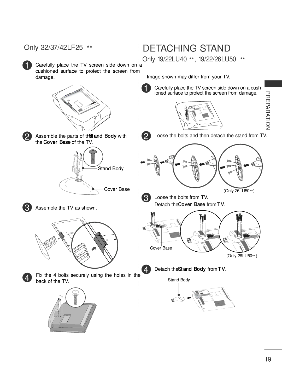 LG Electronics 3377LLHH4400 Detaching Stand, Ioned surface to protect the screen from damage, Loose the bolts from TV 