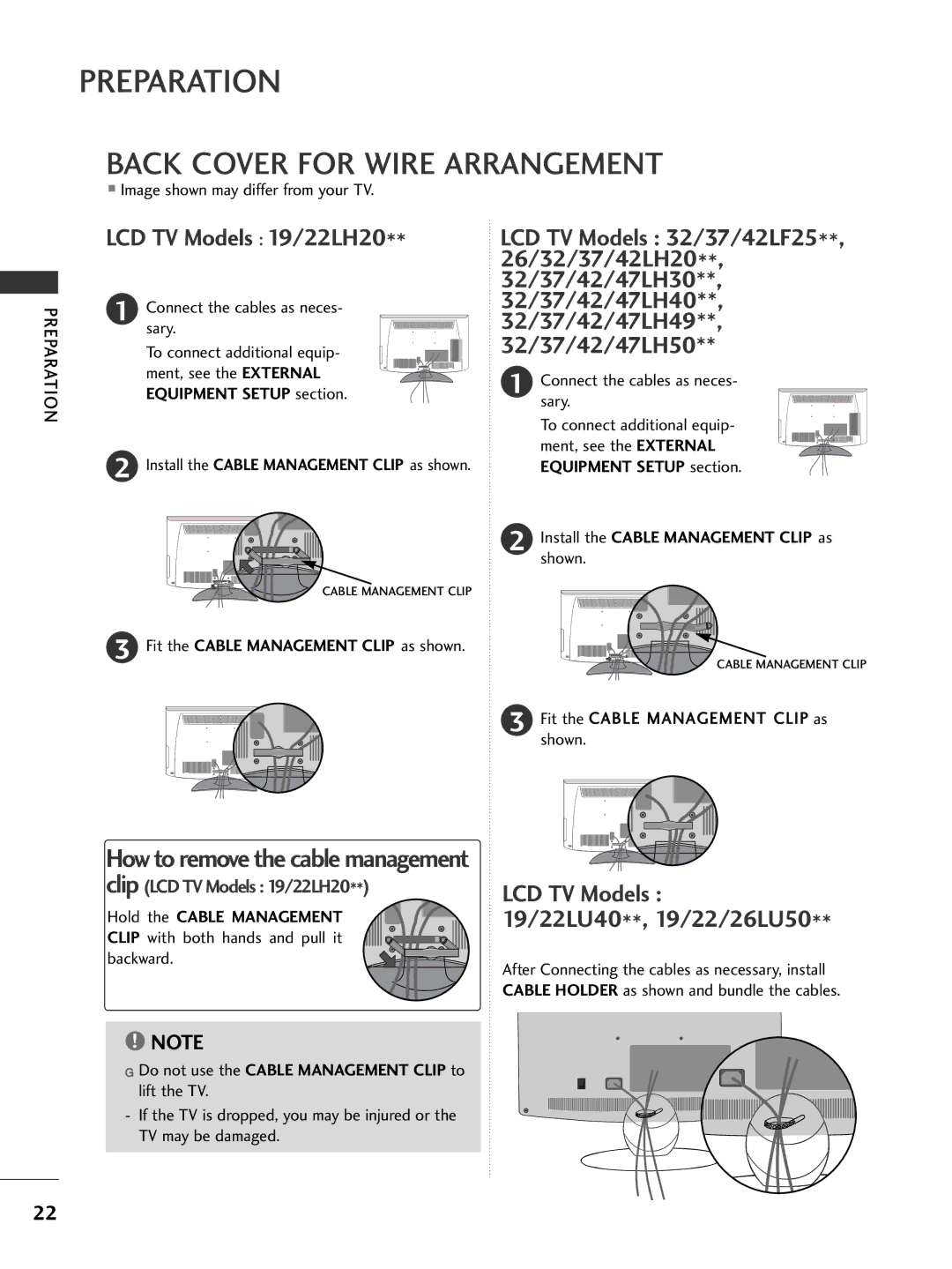 LG Electronics 3377LLHH2200, 3377LLHH4400, 3377LLHH3300 Back Cover for Wire Arrangement, Connect the cables as neces Sary 