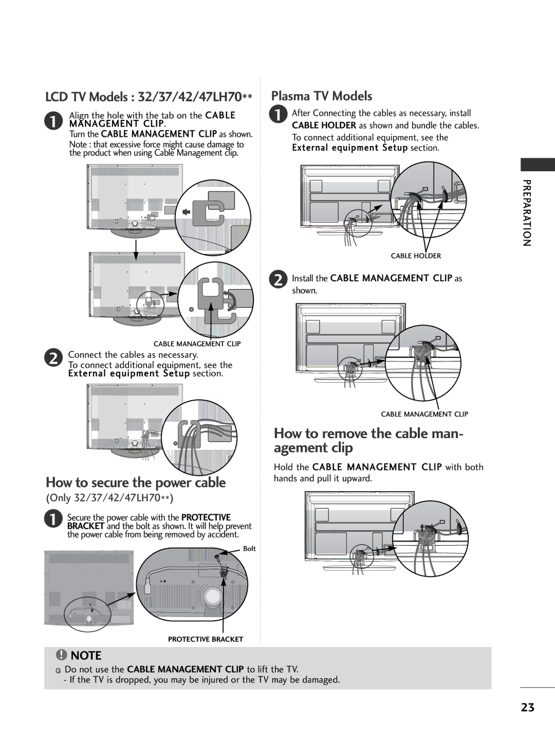 LG Electronics 3322LLHH4400 How to secure the power cable, How to remove the cable man- agement clip, Management Clip 