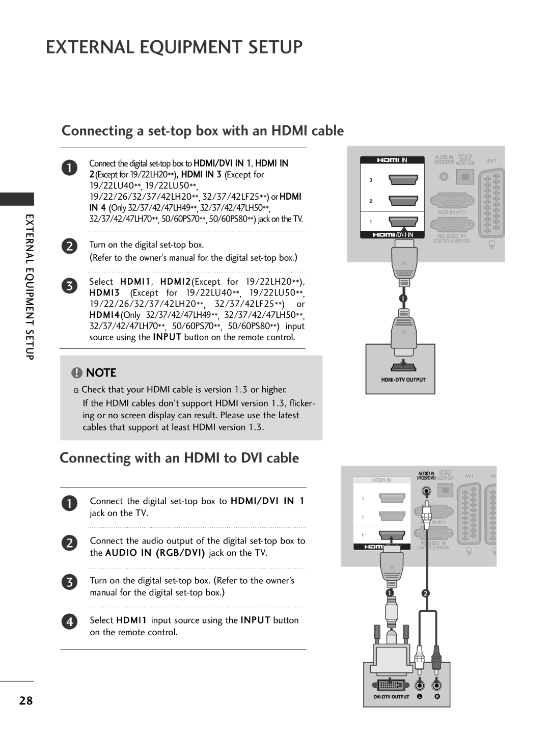 LG Electronics 2222LLUU4400 owner manual Connecting a set-top box with an Hdmi cable, Connecting with an Hdmi to DVI cable 