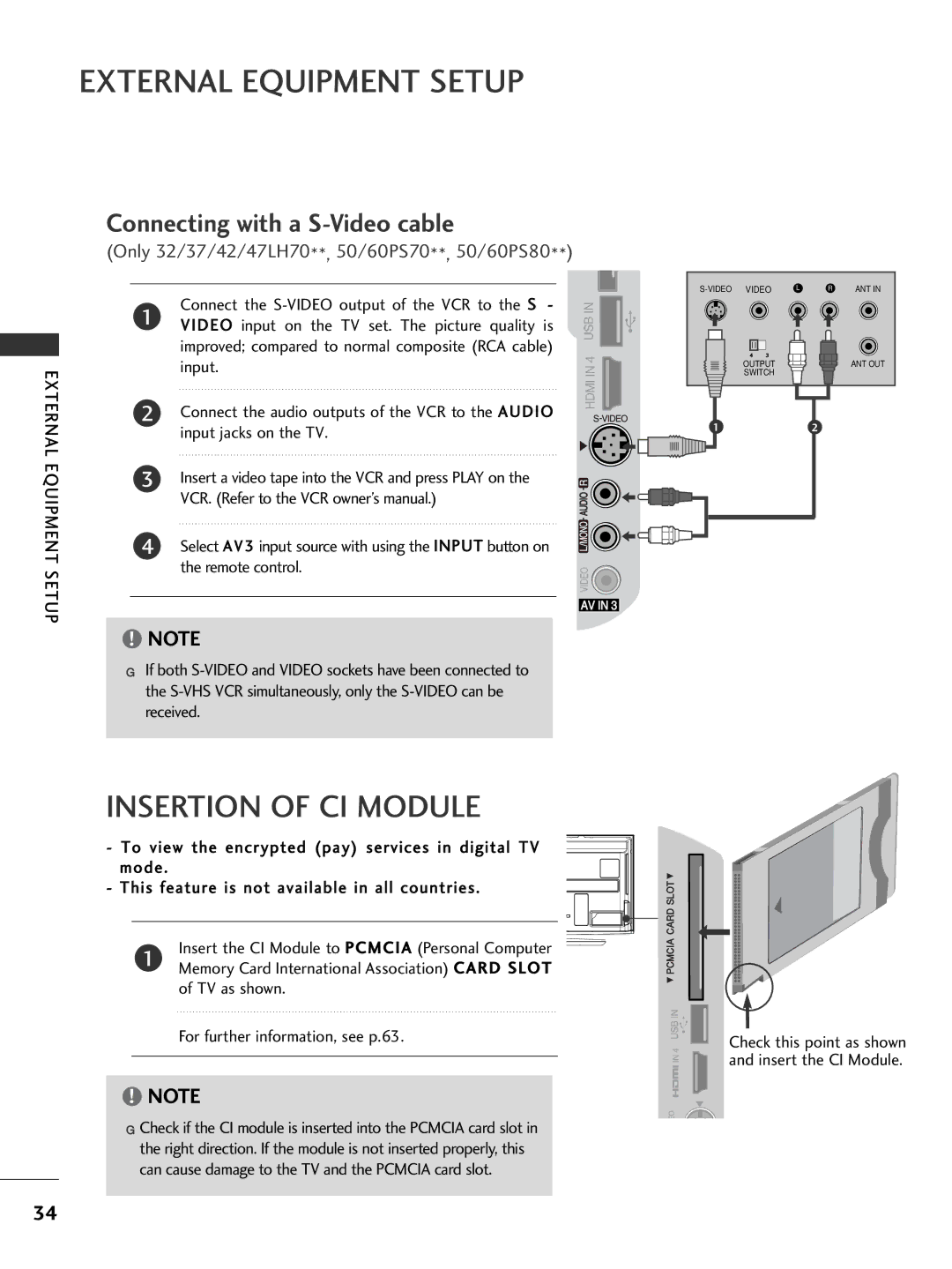 LG Electronics 4422LLHH2200 Insertion of CI Module, Video input on the TV set. The picture quality is, Input, Setup 