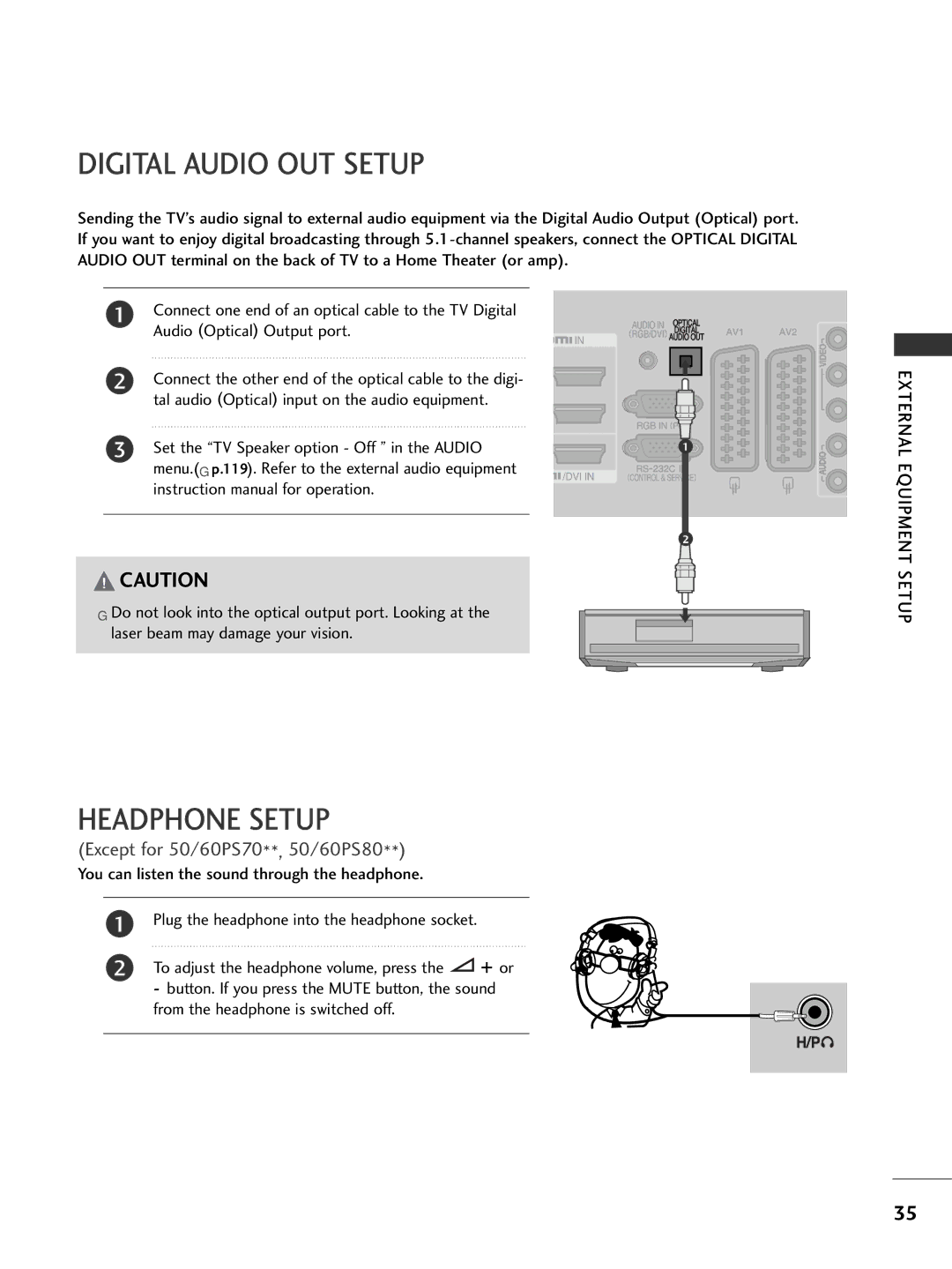 LG Electronics 4477LLHH3300, 3377LLHH4400, 3377LLHH3300, 3322LLHH3300, 3377LLHH2200 Digital Audio OUT Setup, Headphone Setup 