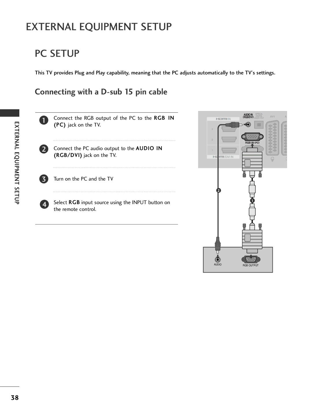 LG Electronics 1199LLUU5500, 3377LLHH4400, 3377LLHH3300, 3322LLHH3300 PC Setup, Connecting with a D-sub 15 pin cable 