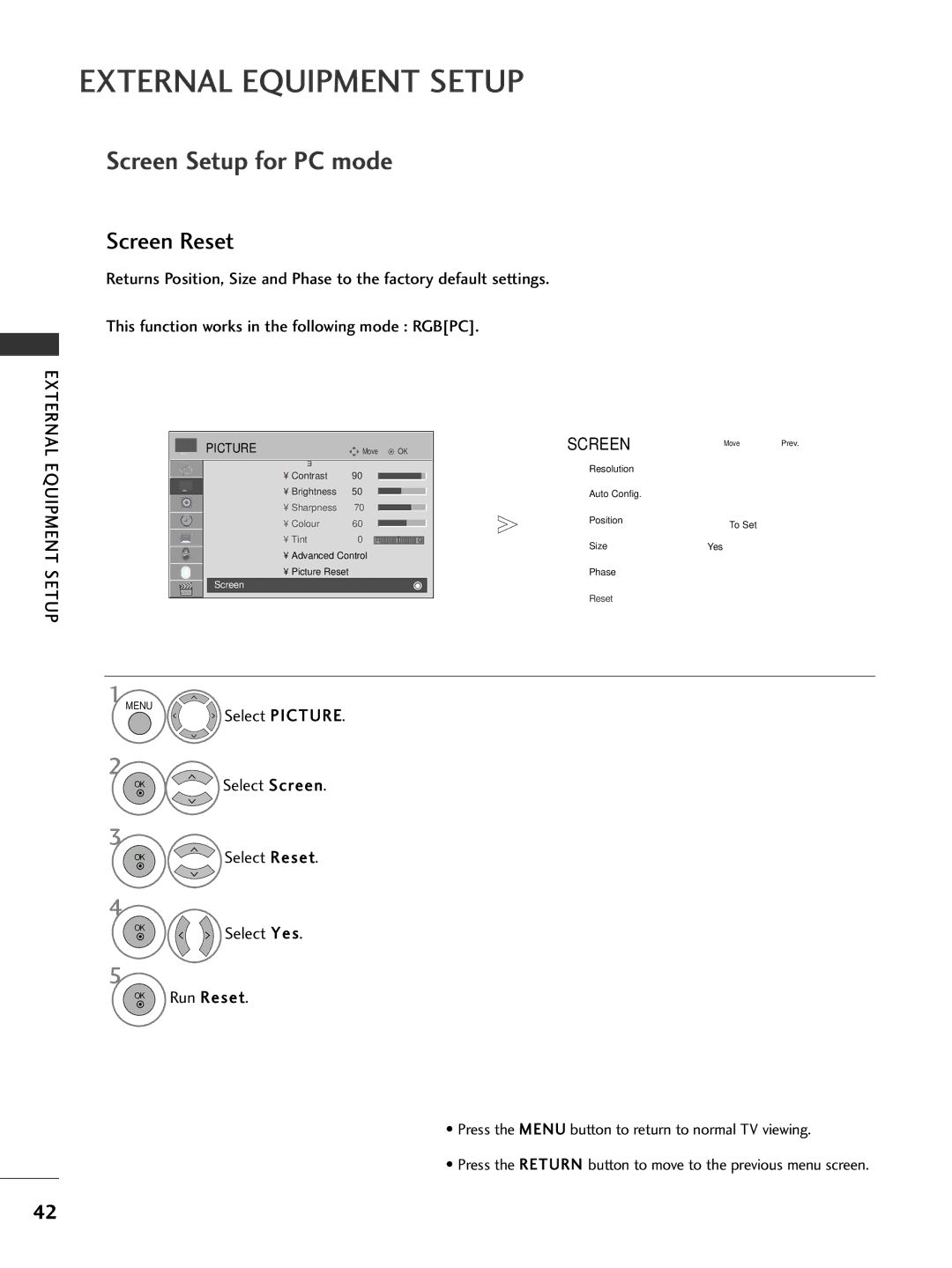 LG Electronics 3322LLHH3300, 3377LLHH4400, 3377LLHH3300, 3377LLHH2200, 3322LLHH4400 Screen Setup for PC mode, Screen Reset 