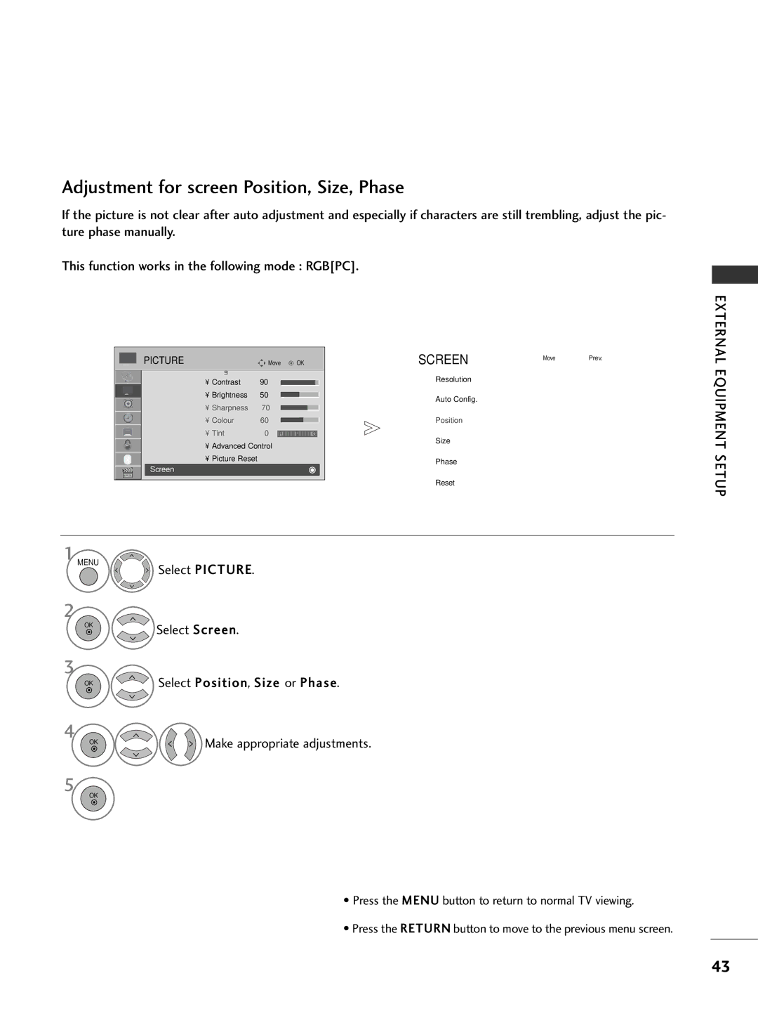 LG Electronics 3377LLHH2200, 3377LLHH4400, 3377LLHH3300, 3322LLHH3300 owner manual Adjustment for screen Position, Size, Phase 