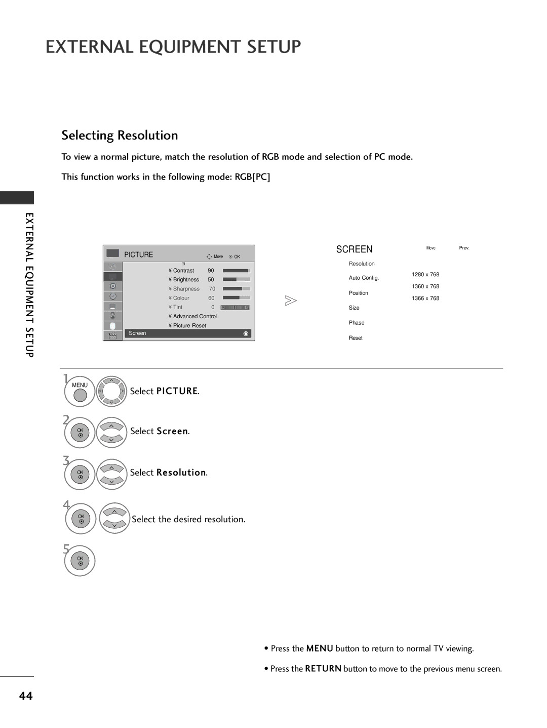 LG Electronics 3322LLHH4400, 3377LLHH4400, 3377LLHH3300, 3322LLHH3300, 3377LLHH2200, 3377LLHH5500 Selecting Resolution 