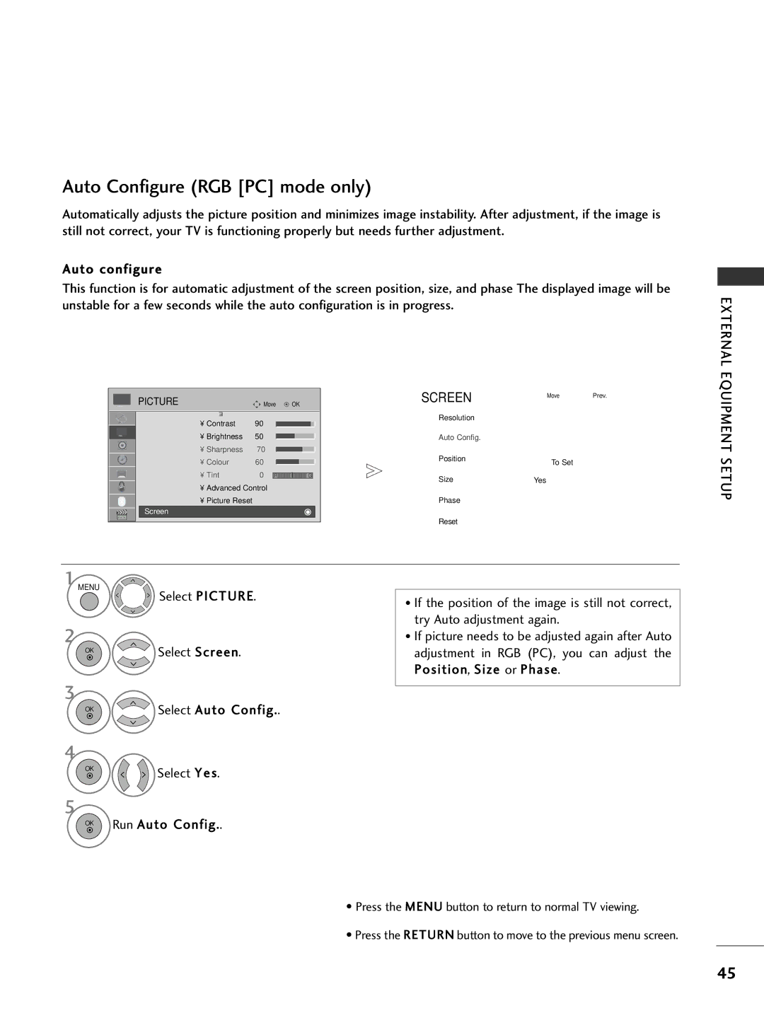 LG Electronics 3377LLHH5500, 3377LLHH4400, 3377LLHH3300, 3322LLHH3300 Select Picture, Select Auto Config, Run Auto Config 