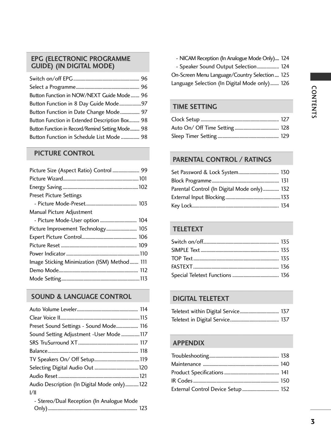 LG Electronics 3377LLHH5500, 3377LLHH4400, 3377LLHH3300 Preset Picture Settings, Manual Picture Adjustment, Contents 