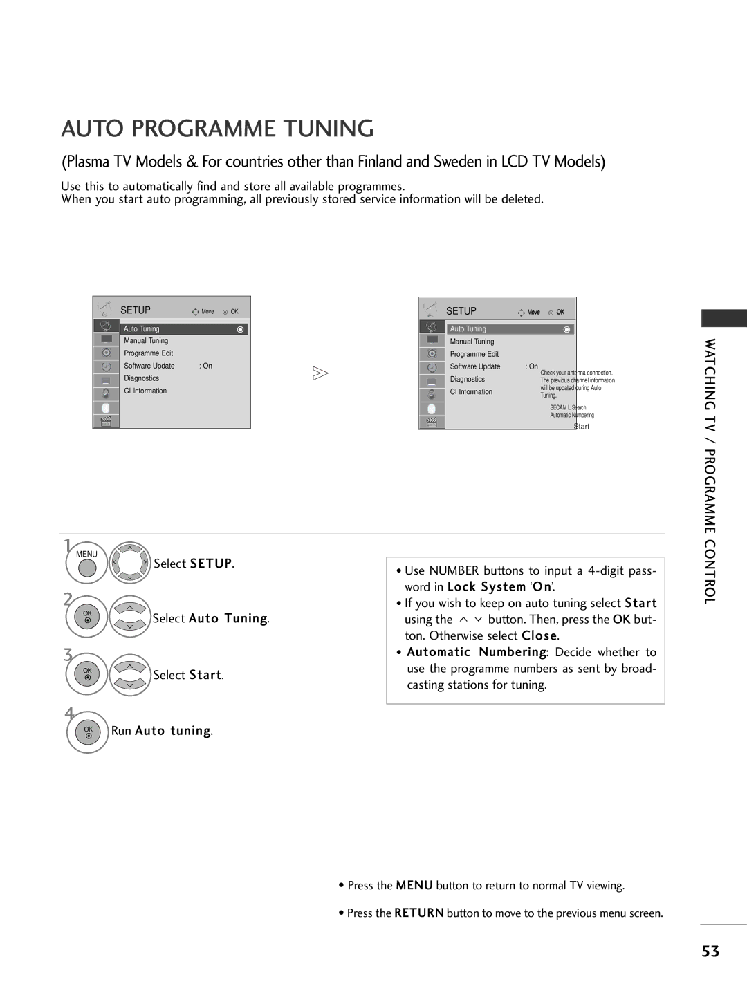 LG Electronics 4477LLHH4400, 3377LLHH4400, 3377LLHH3300 owner manual Auto Programme Tuning, Watching TV / Programme, Control 