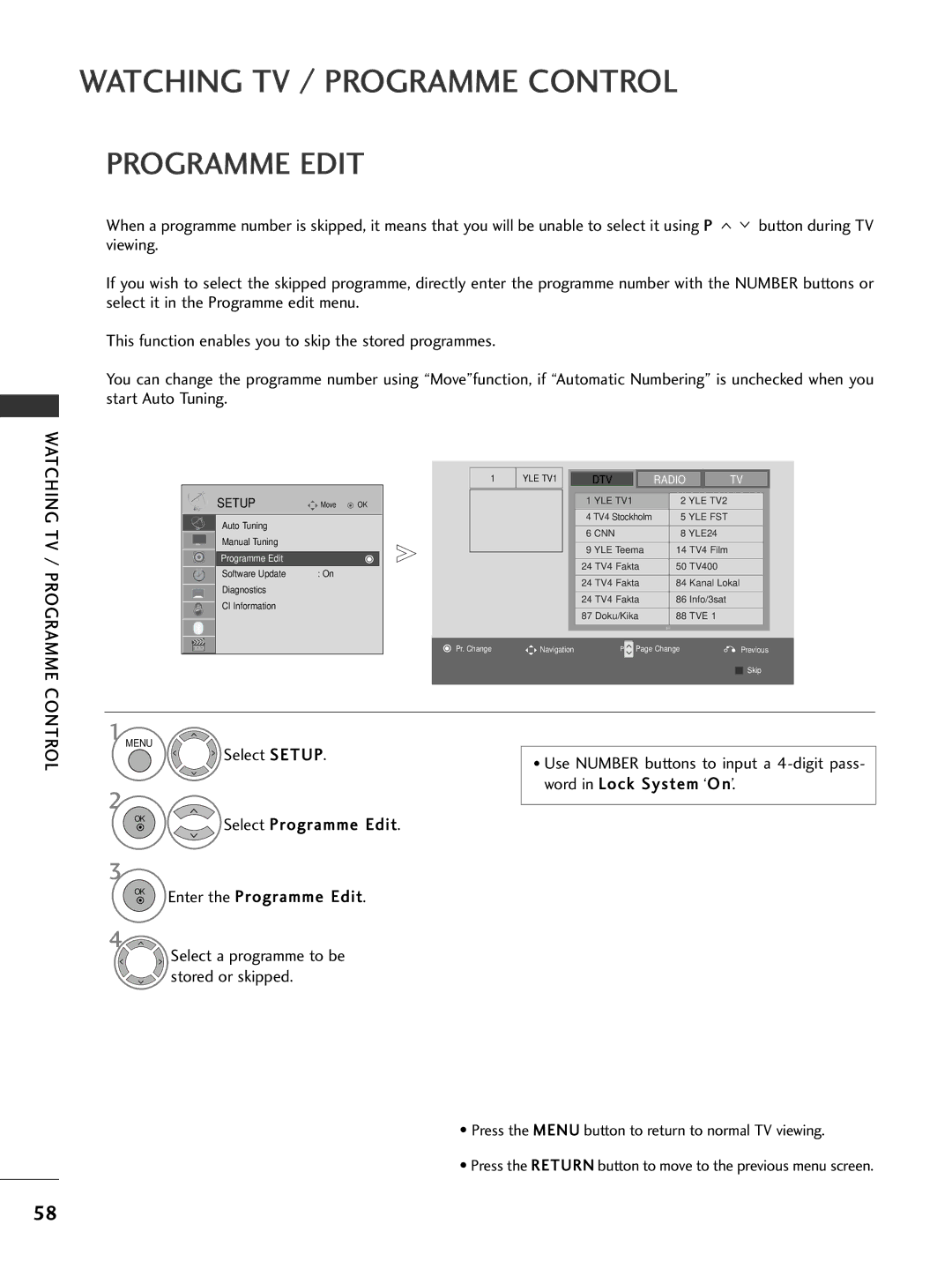 LG Electronics 1199LLHH2200, 3377LLHH4400, 3377LLHH3300, 3322LLHH3300, 3377LLHH2200 Programme Edit, Watching TV / Programme 