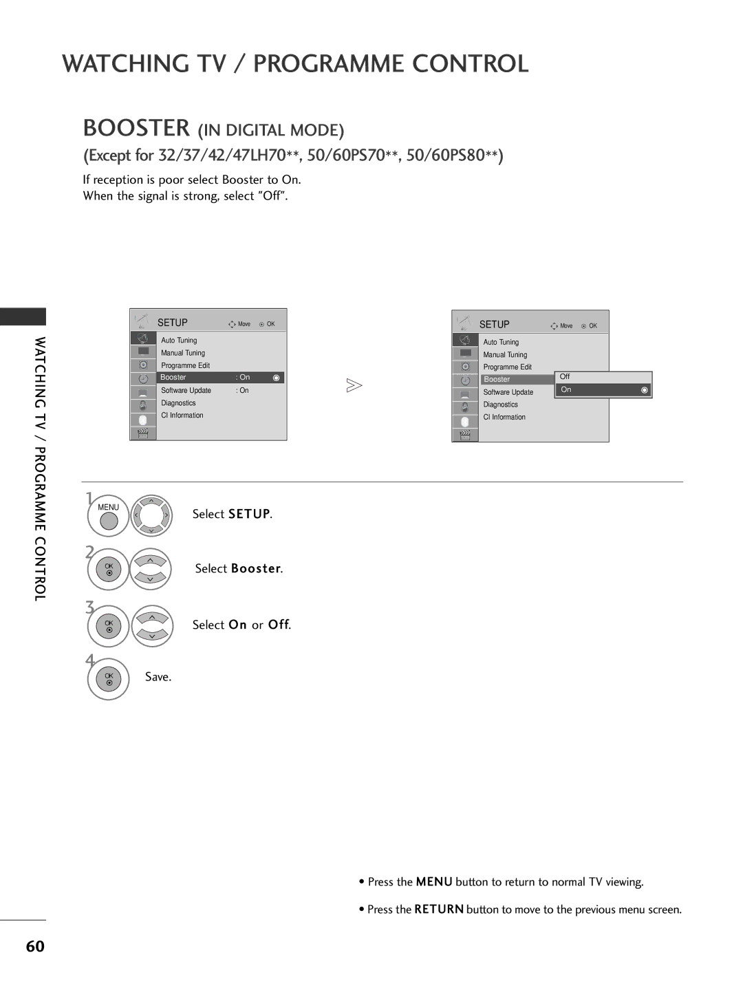 LG Electronics 1199LLUU4400, 3377LLHH4400, 3377LLHH3300, 3322LLHH3300, 3377LLHH2200 Select Booster, Select On or Off, Save 