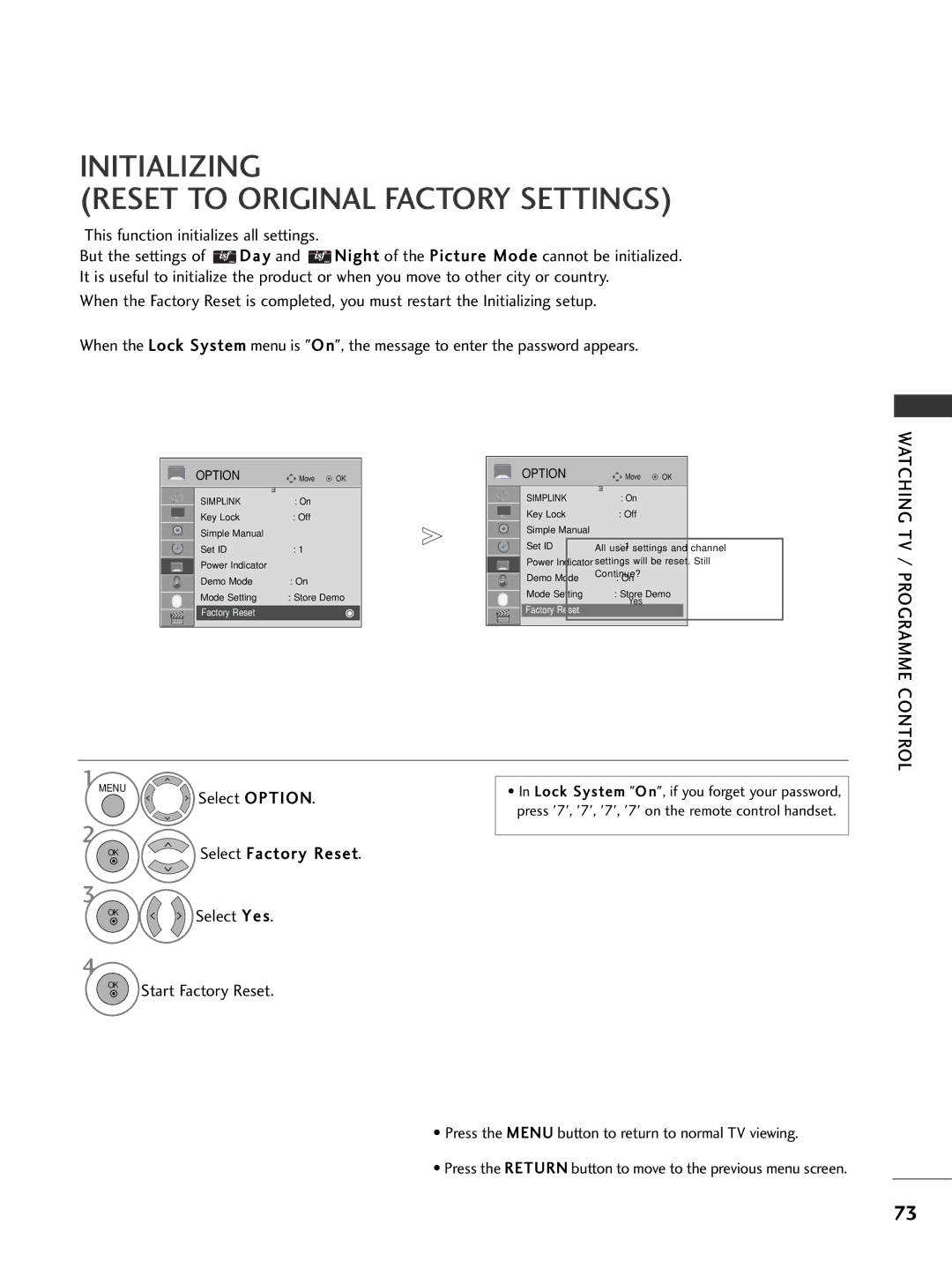 LG Electronics 2266LLHH2200 Initializing Reset to Original Factory Settings, This function initializes all settings 