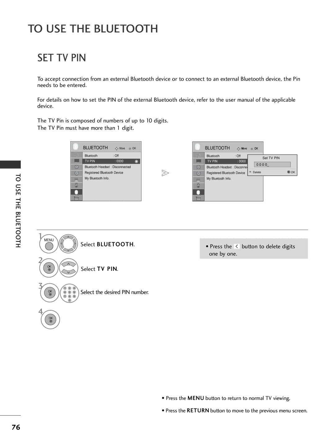 LG Electronics 4422LLHH2200, 3377LLHH4400, 3377LLHH3300, 3322LLHH3300, 3377LLHH2200 To USE the Bluetooth, Set Tv Pin 