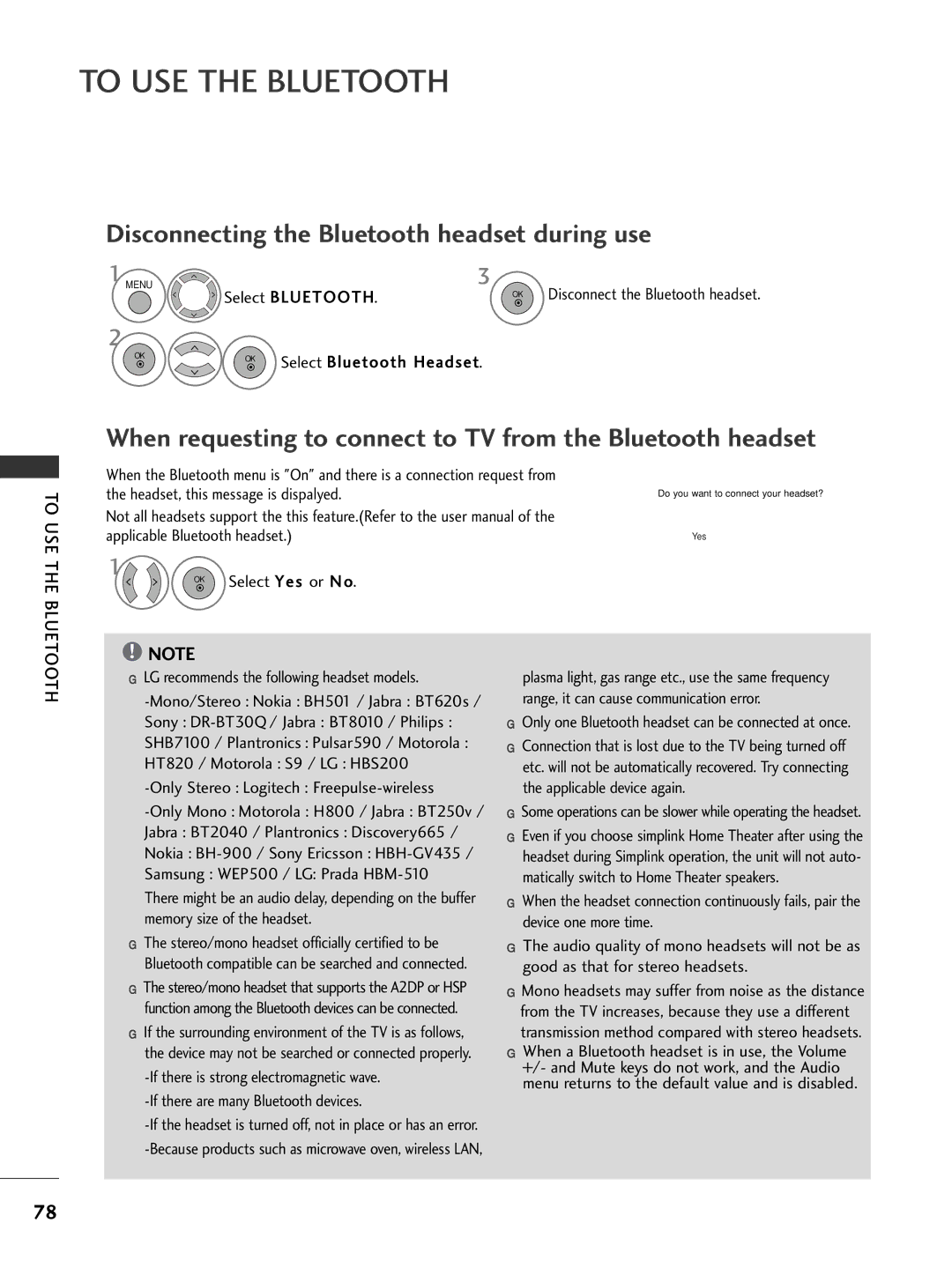 LG Electronics 4422LLHH4400, 3377LLHH4400, 3377LLHH3300, 3322LLHH3300 Disconnecting the Bluetooth headset during use, To USE 