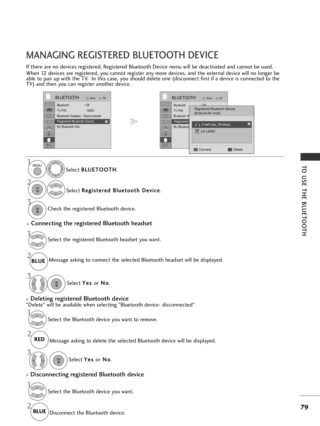 LG Electronics 1199LLHH2200 Managing Registered Bluetooth Device, Select Bluetooth Select Registered Bluetooth Device, Use 