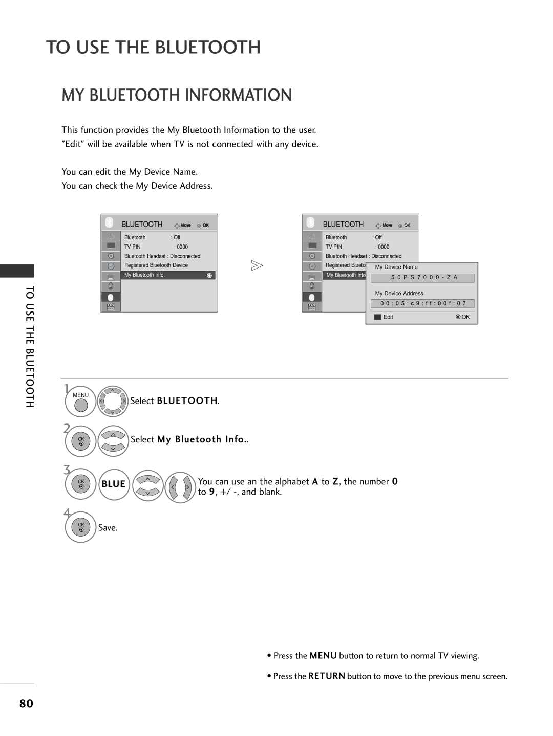 LG Electronics 1199LLUU5500, 3377LLHH4400 MY Bluetooth Information, Select My Bluetooth Info, To 9, +/ -, and blank 