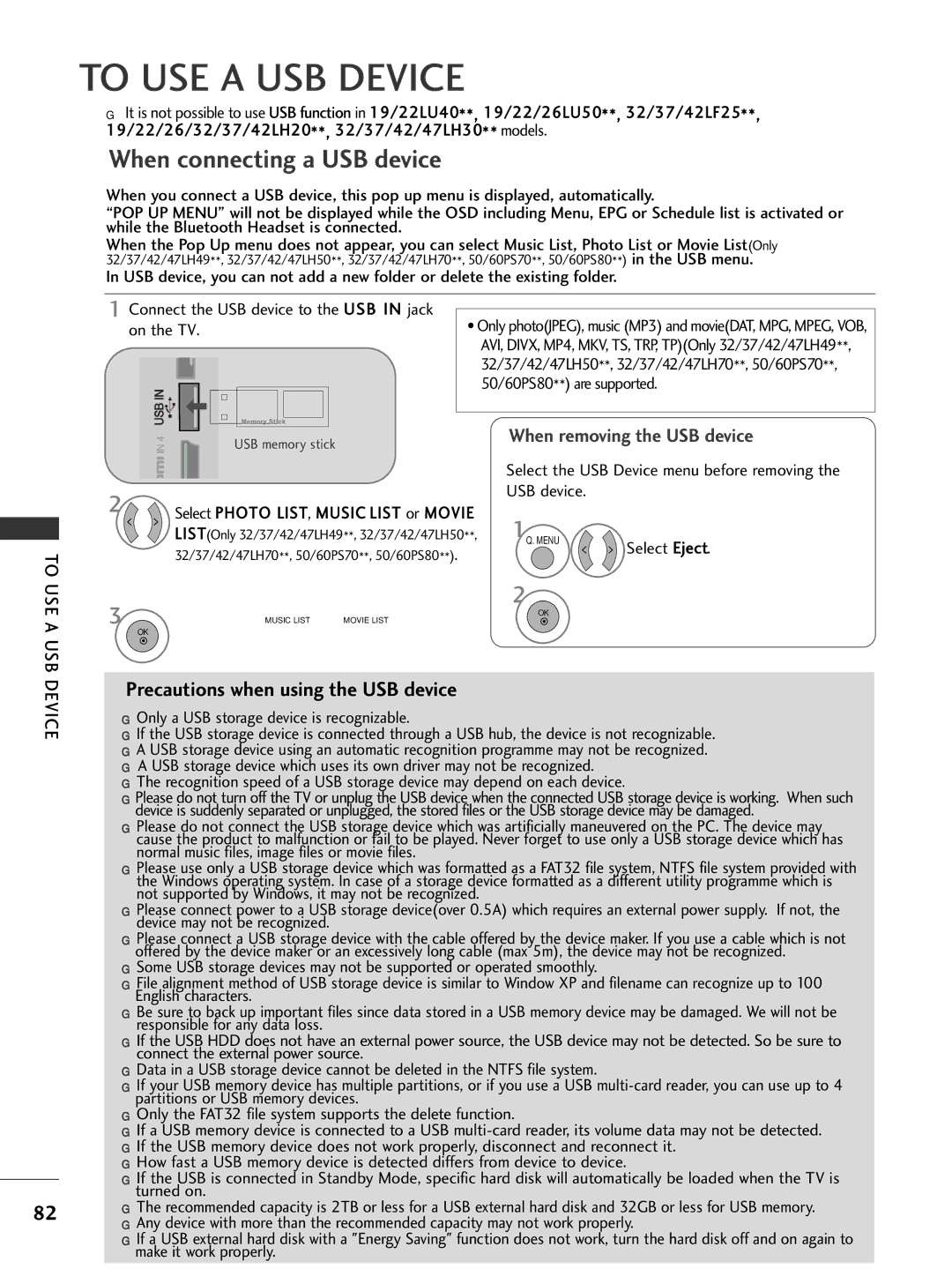 LG Electronics 3377LLHH4400 When connecting a USB device, Precautions when using the USB device, To USE a USB Device 