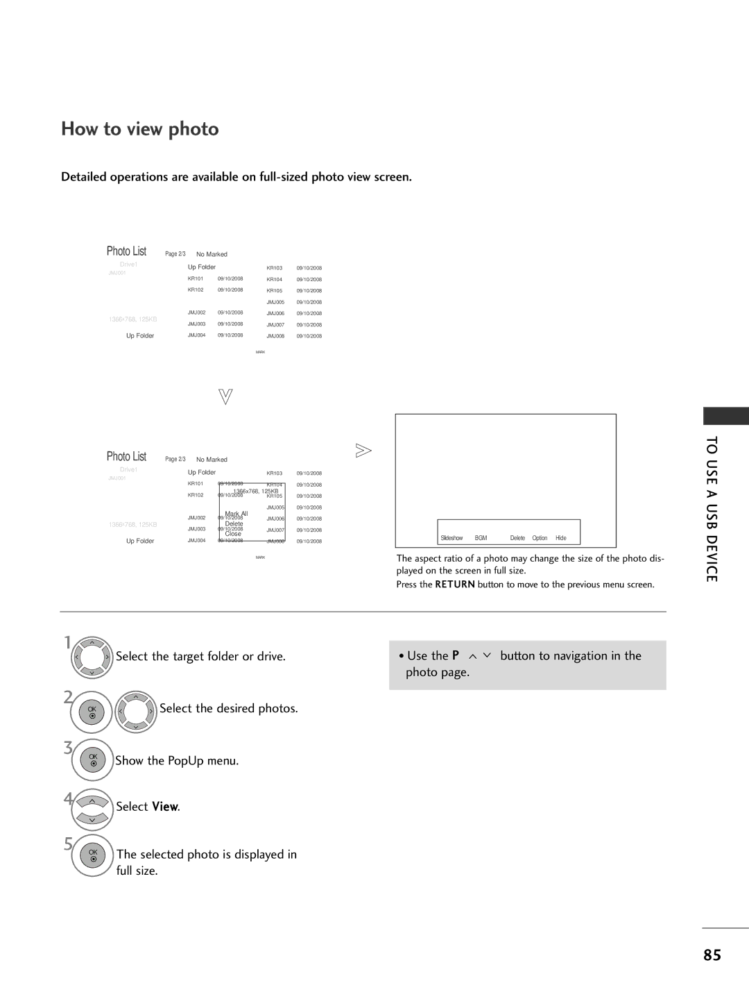 LG Electronics 3377LLHH2200, 3377LLHH4400 How to view photo, Select the target folder or drive Use the P, Photo, Full size 