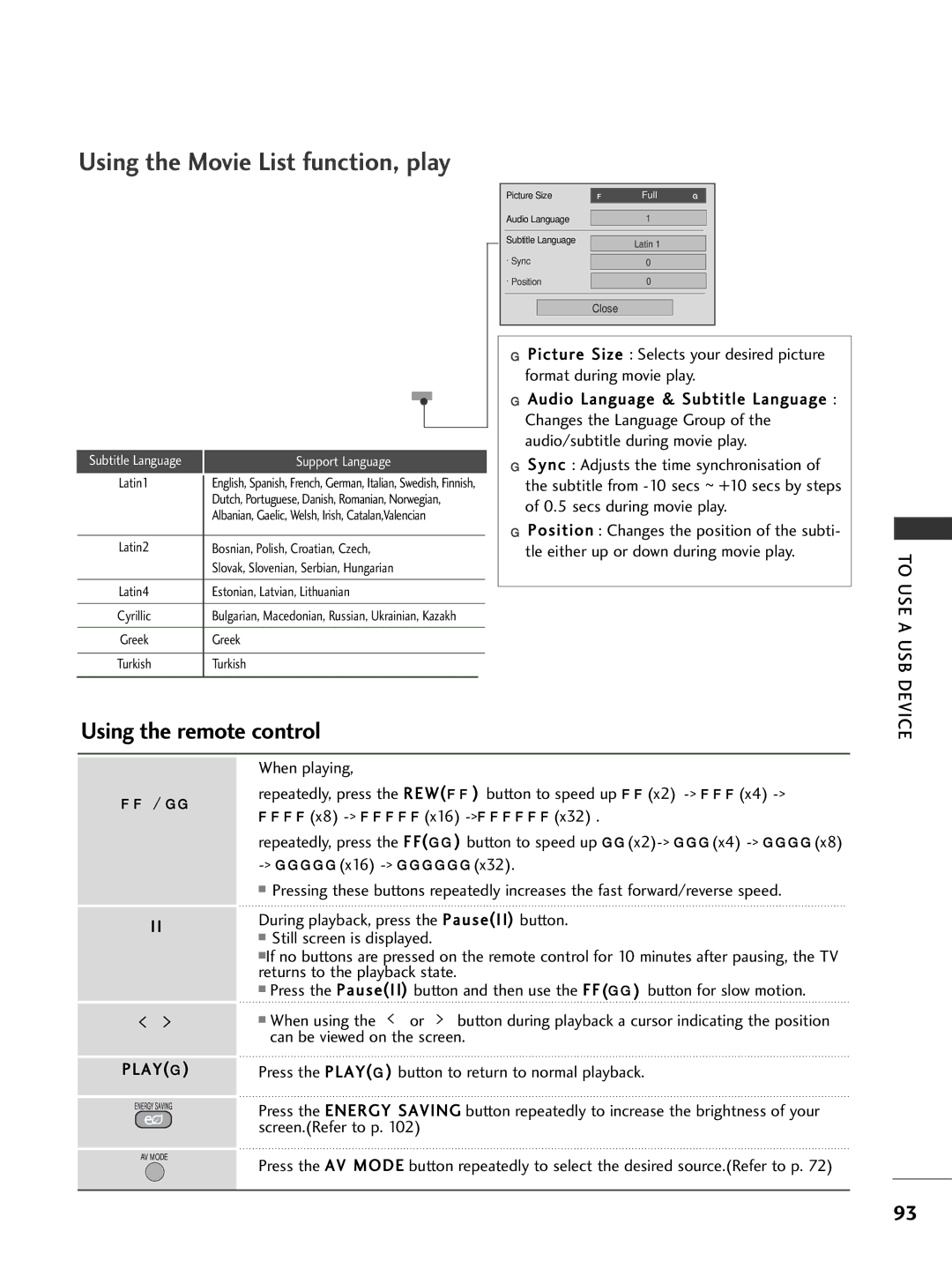 LG Electronics 2266LLUU5500, 3377LLHH4400 Using the Movie List function, play, Can be viewed on the screen, Play G 