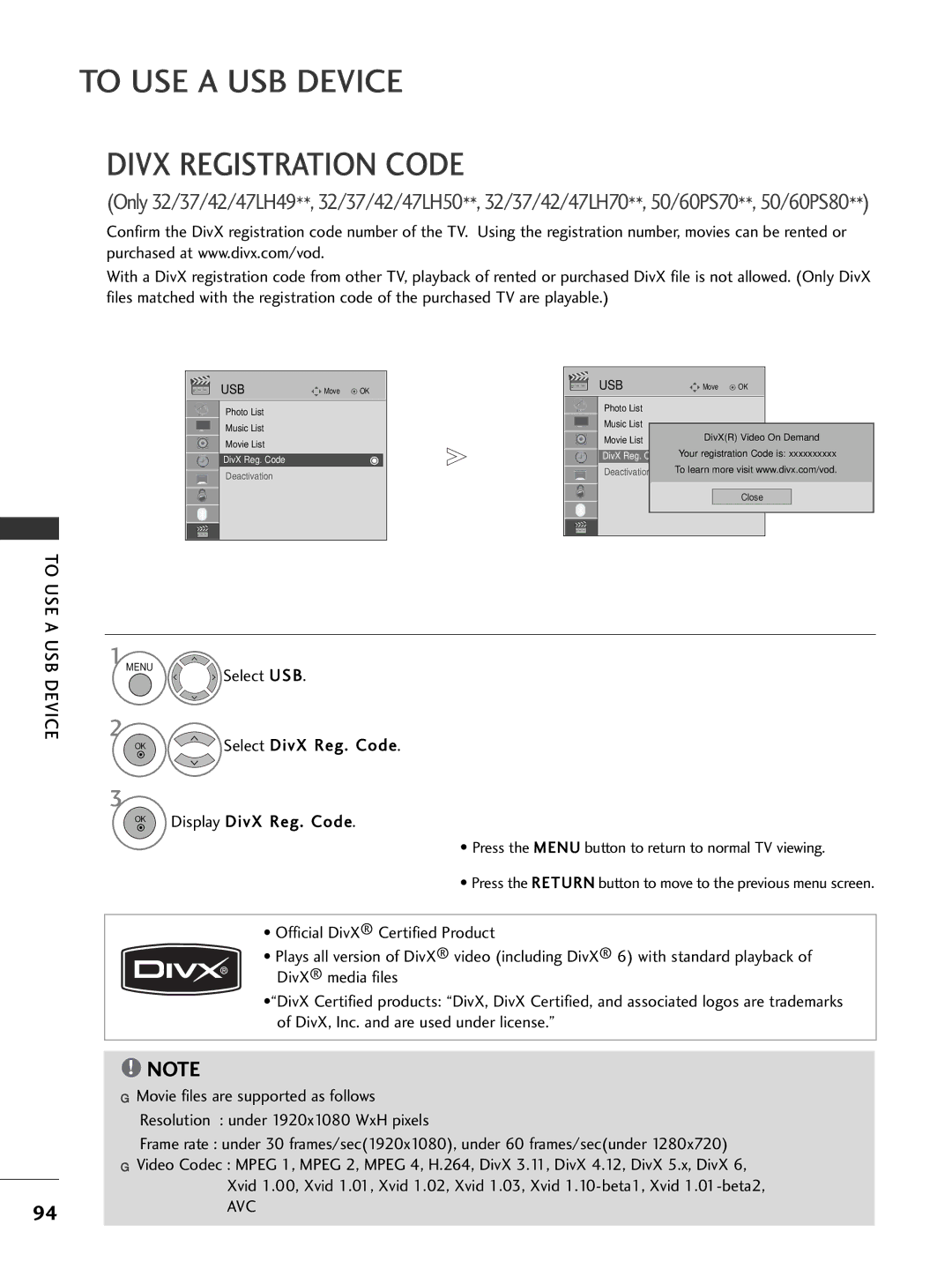 LG Electronics 2266LLHH2200, 3377LLHH4400, 3377LLHH3300, 3322LLHH3300 owner manual Select DivX Reg, Display DivX Reg Code, Avc 