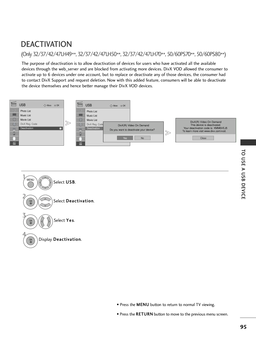 LG Electronics 4477LLHH4400, 3377LLHH4400, 3377LLHH3300 Select USB, Select Deactivation, Display Deactivation 