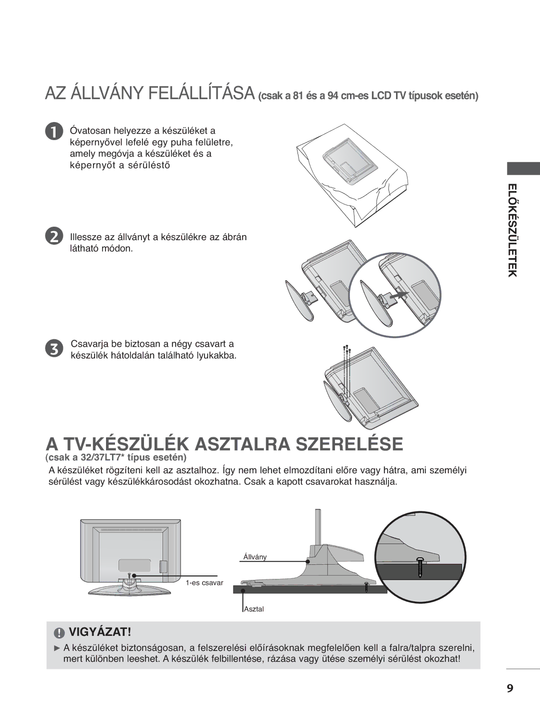 LG Electronics 3322LLTT77, 3377LLTT77, 5500PPTT88 TV-KÉSZÜLÉK Asztalra Szerelése, Csavarja be biztosan a négy csavart a 