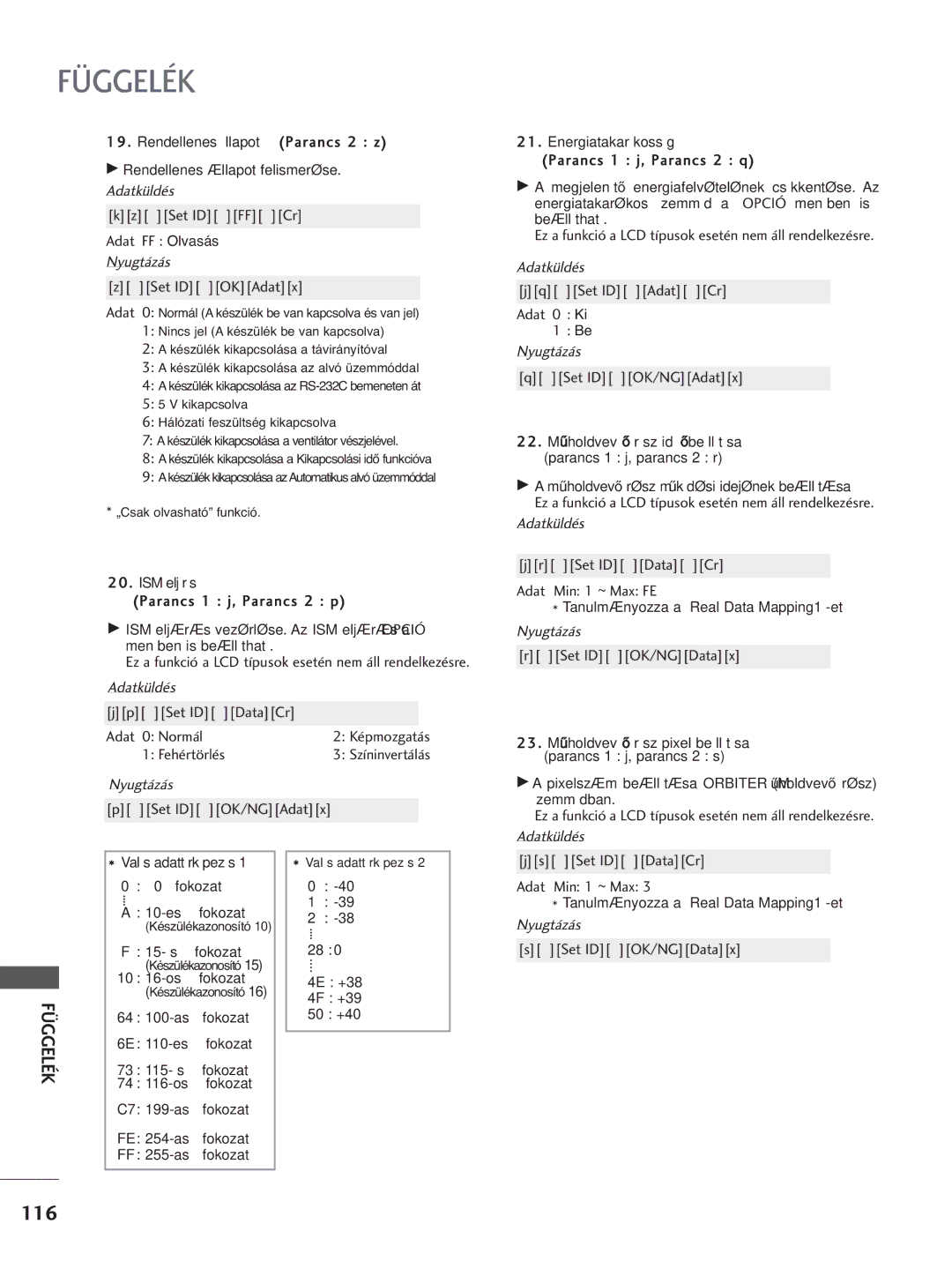 LG Electronics 4422PPTT88 manual Rendellenes állapot Parancs 2 z, Kz Set ID FF Cr Adat FF Olvasás, Parancs 1 j, Parancs 2 p 