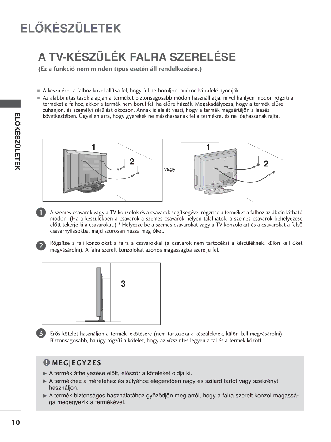 LG Electronics 5500PPTT88, 3377LLTT77, 3322LLTT77, 4422PPTT88, 4422LLTT77 manual TV-KÉSZÜLÉK Falra Szerelése, Előkészületek 