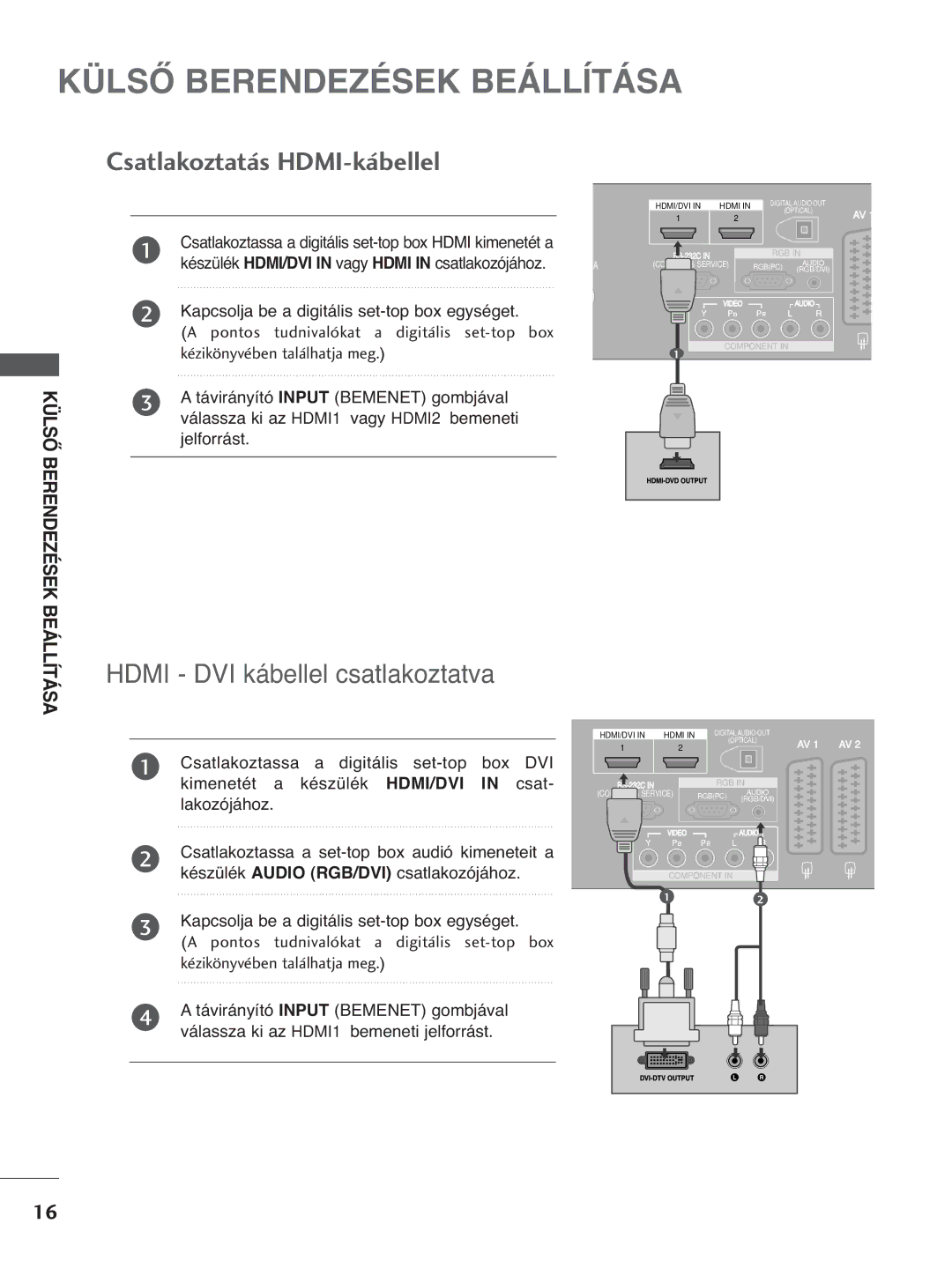 LG Electronics 4422PPTT88, 3377LLTT77, 3322LLTT77, 5500PPTT88 Csatlakoztatás HDMI-kábellel, Hdmi DVI kábellel csatlakoztatva 