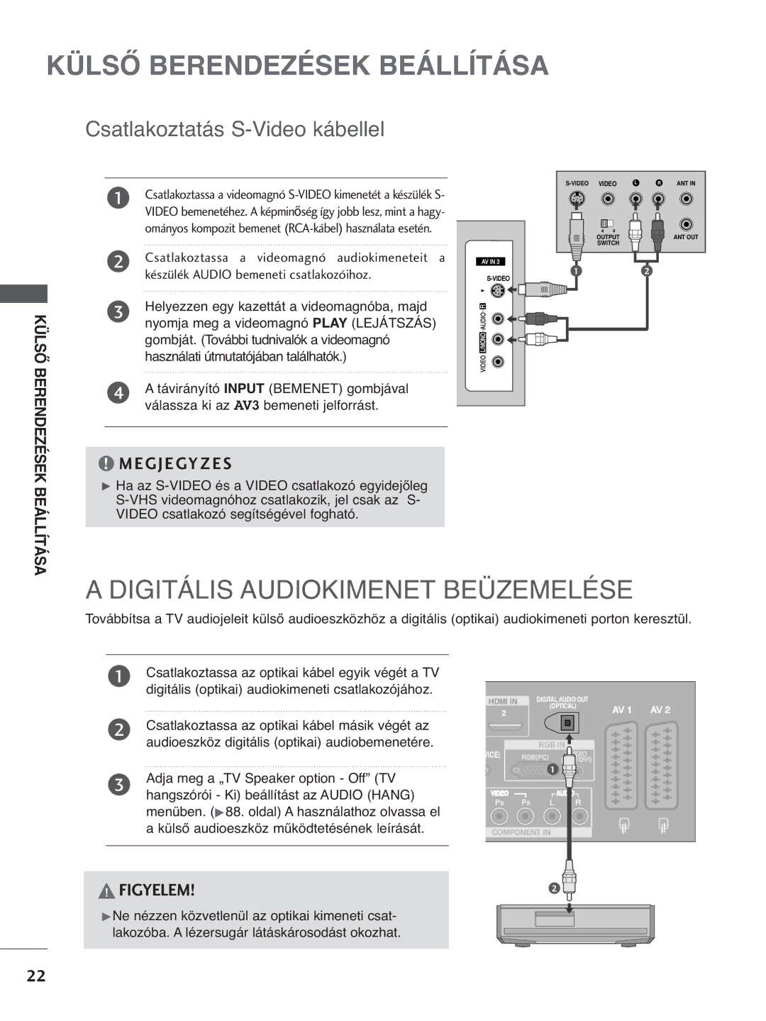 LG Electronics 4422LLTT77, 3377LLTT77, 3322LLTT77, 5500PPTT88, 4422PPTT88 manual Digitális Audiokimenet Beüzemelése, Figyelem 