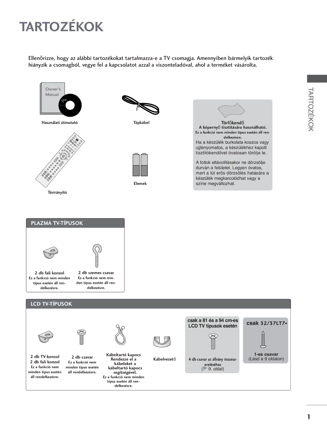 LG Electronics 4422PPTT88, 3377LLTT77, 3322LLTT77, 5500PPTT88, 4422LLTT77 manual Tartozékok, Owners Manual 