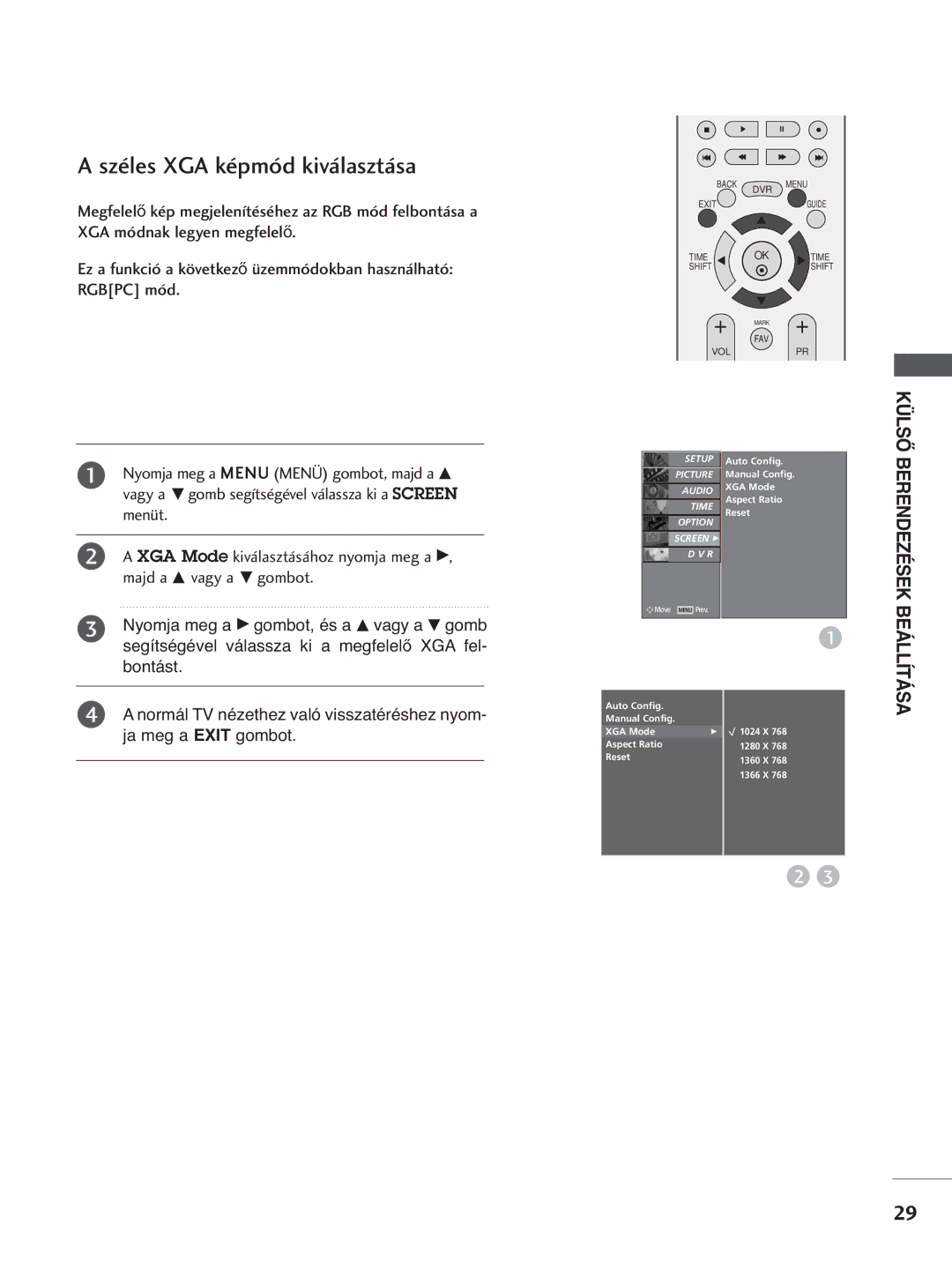 LG Electronics 3322LLTT77, 3377LLTT77, 5500PPTT88, 4422PPTT88, 4422LLTT77 manual Széles XGA képmód kiválasztása 