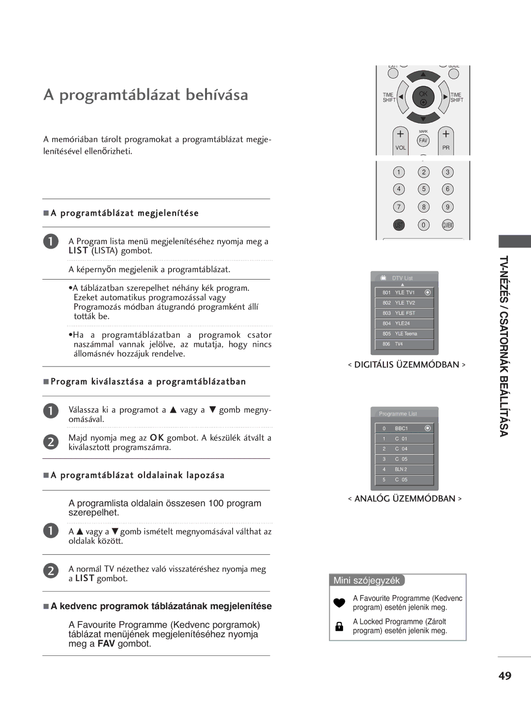 LG Electronics 3322LLTT77, 3377LLTT77, 5500PPTT88 Programtáblázat behívása, Kedvenc programok táblázatának megjelenítése 