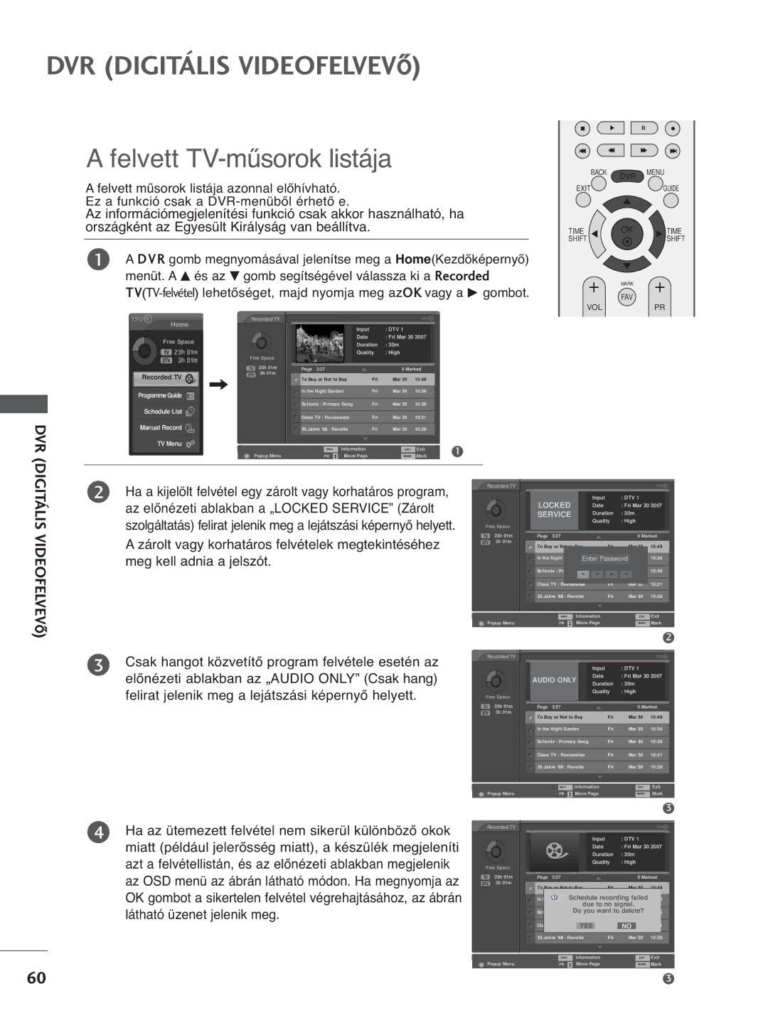 LG Electronics 5500PPTT88, 3377LLTT77, 3322LLTT77, 4422PPTT88, 4422LLTT77 manual Felvett TV-műsorok listája, Home 