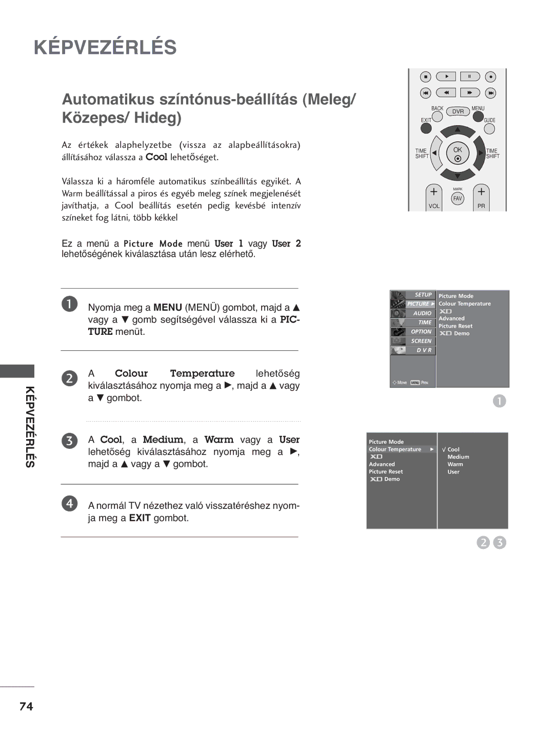 LG Electronics 3322LLTT77, 3377LLTT77, 5500PPTT88, 4422PPTT88 manual Automatikus színtónus-beállítás Meleg/ Közepes/ Hideg 