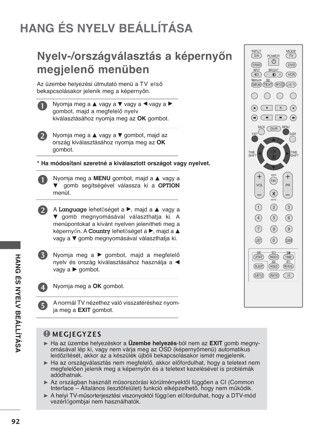 LG Electronics 4422LLTT77, 3377LLTT77, 3322LLTT77, 5500PPTT88 manual Nyelv-/országválasztás a képernyőn megjelenő menüben 