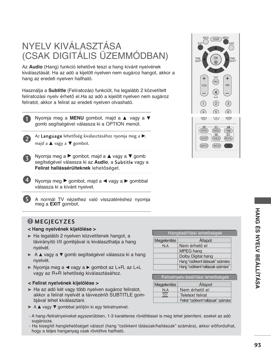 LG Electronics 3377LLTT77, 3322LLTT77 Nyelv Kiválasztása Csak Digitális Üzemmódban, Felirat hallássérülteknek lehetőséget 