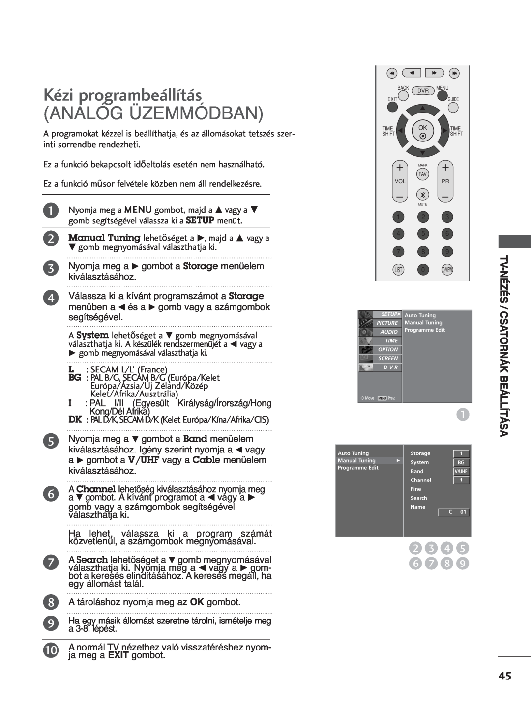 LG Electronics 5500PPTT88 manual Kézi programbeállítás ANALÓG ÜZEMMÓDBAN, 2 3 4 6 7 8, Tv-Nézés / Csatornák Beállítása 