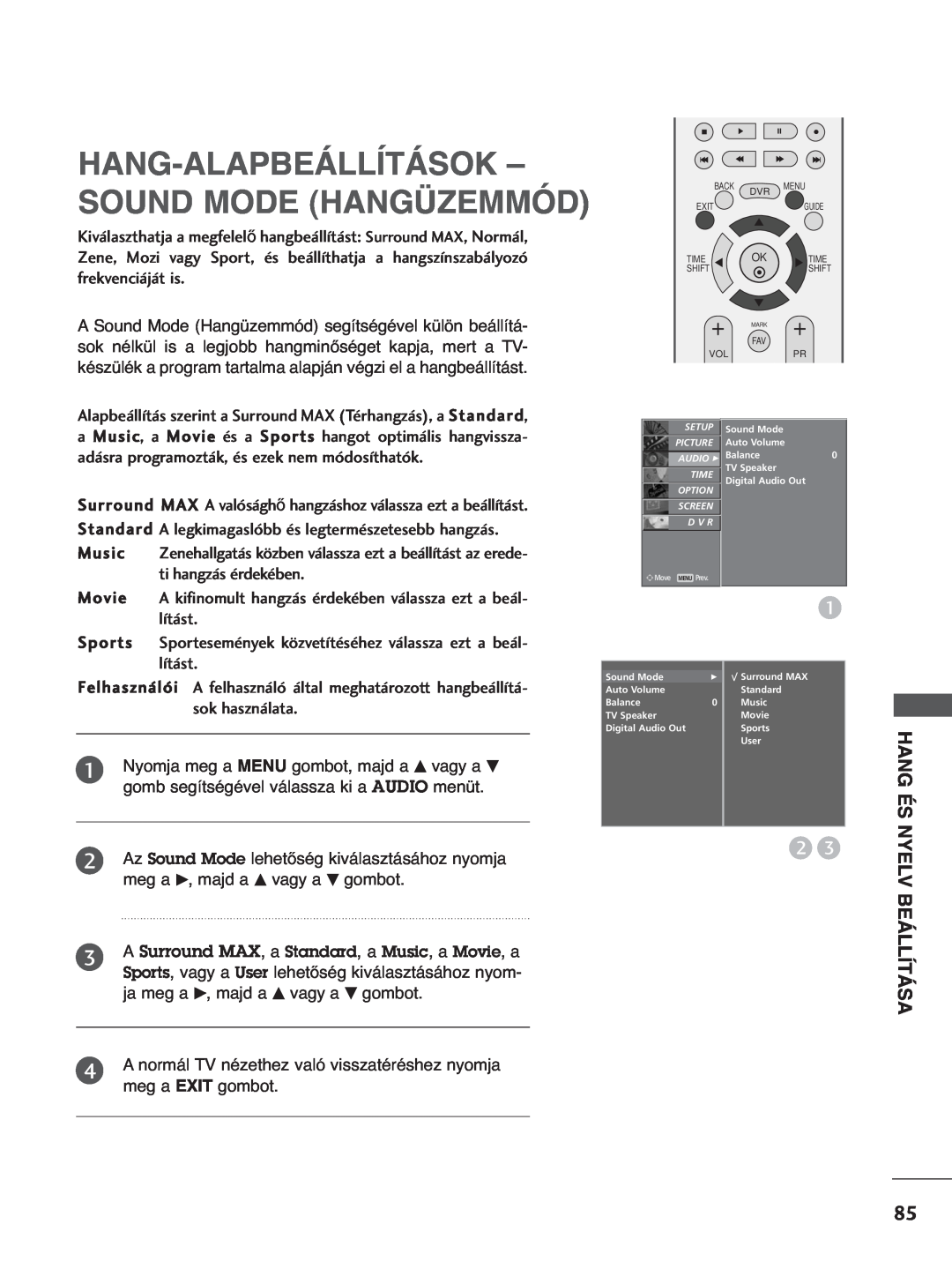 LG Electronics 5500PPTT88, 3377LLTT77, 3322LLTT77 Hang-Alapbeállítások - Sound Mode Hangüzemmód, Hang És, Nyelv, Beállítása 