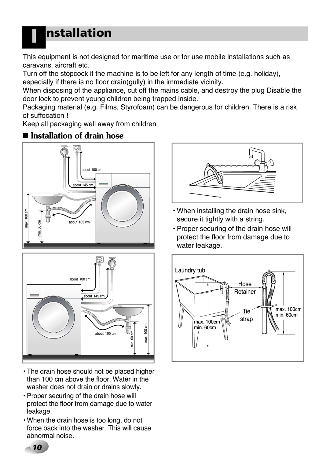 LG Electronics 33P~63P, 2P~32P owner manual Installation of drain hose 