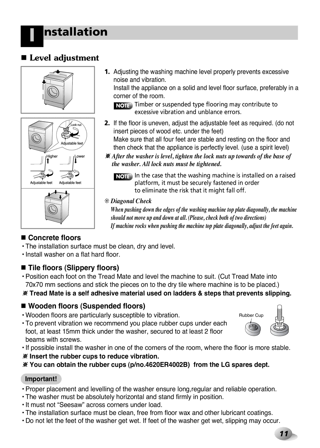 LG Electronics 2P~32P, 33P~63P owner manual Level adjustment, Concrete floors 