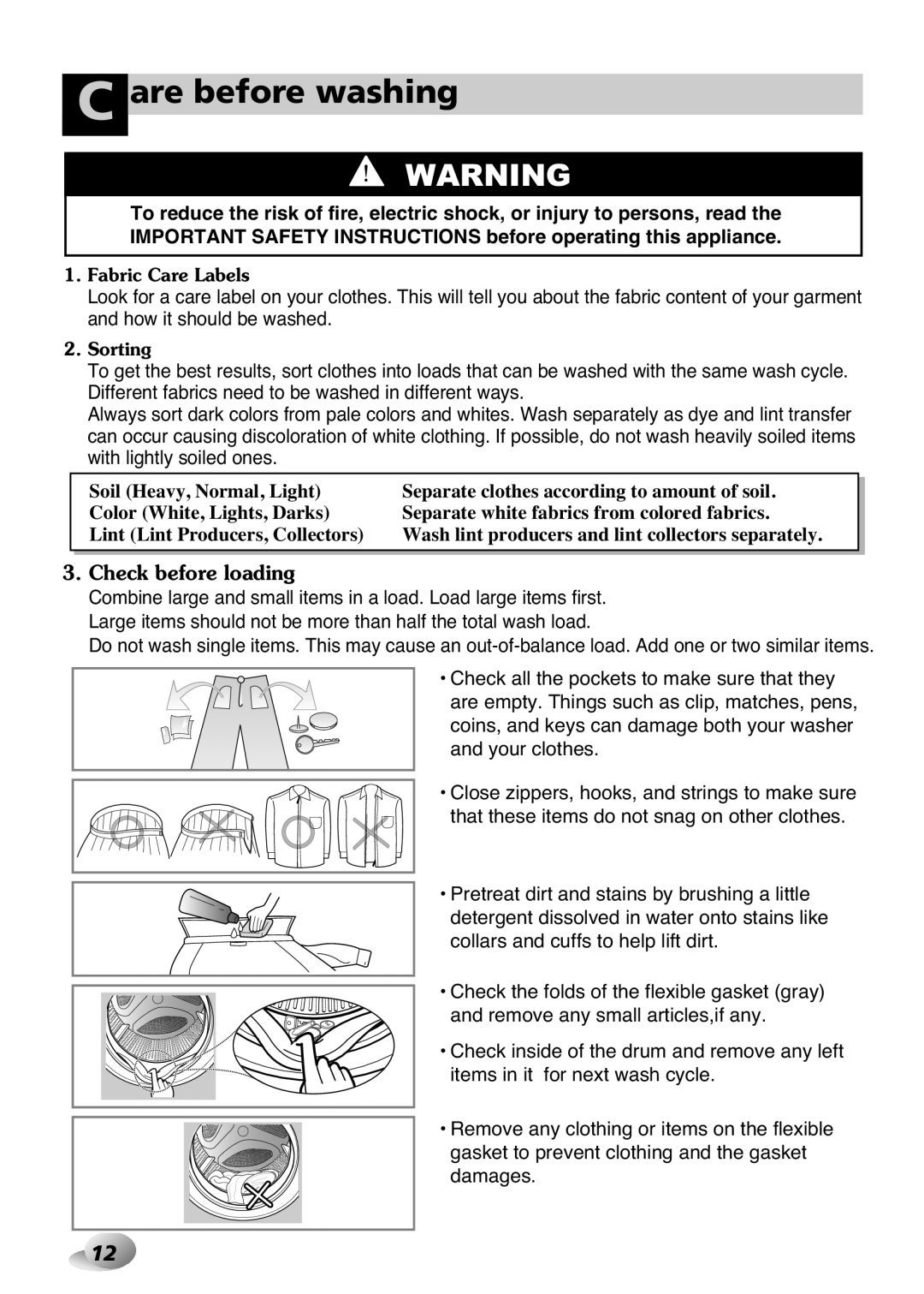 LG Electronics 33P~63P, 2P~32P owner manual Are before washing, Check before loading 