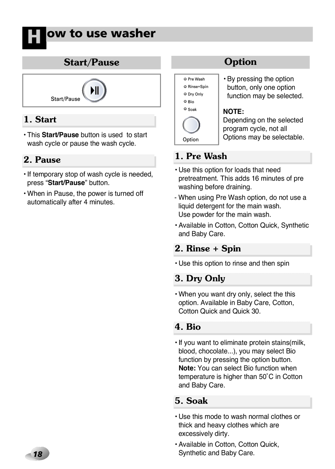 LG Electronics 33P~63P, 2P~32P owner manual Start/Pause, Option 