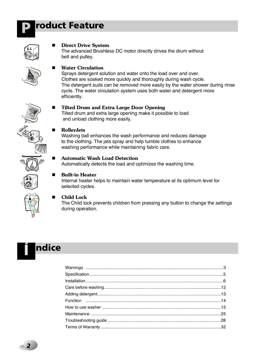 LG Electronics 33P~63P, 2P~32P owner manual Roduct Feature, Ndice 