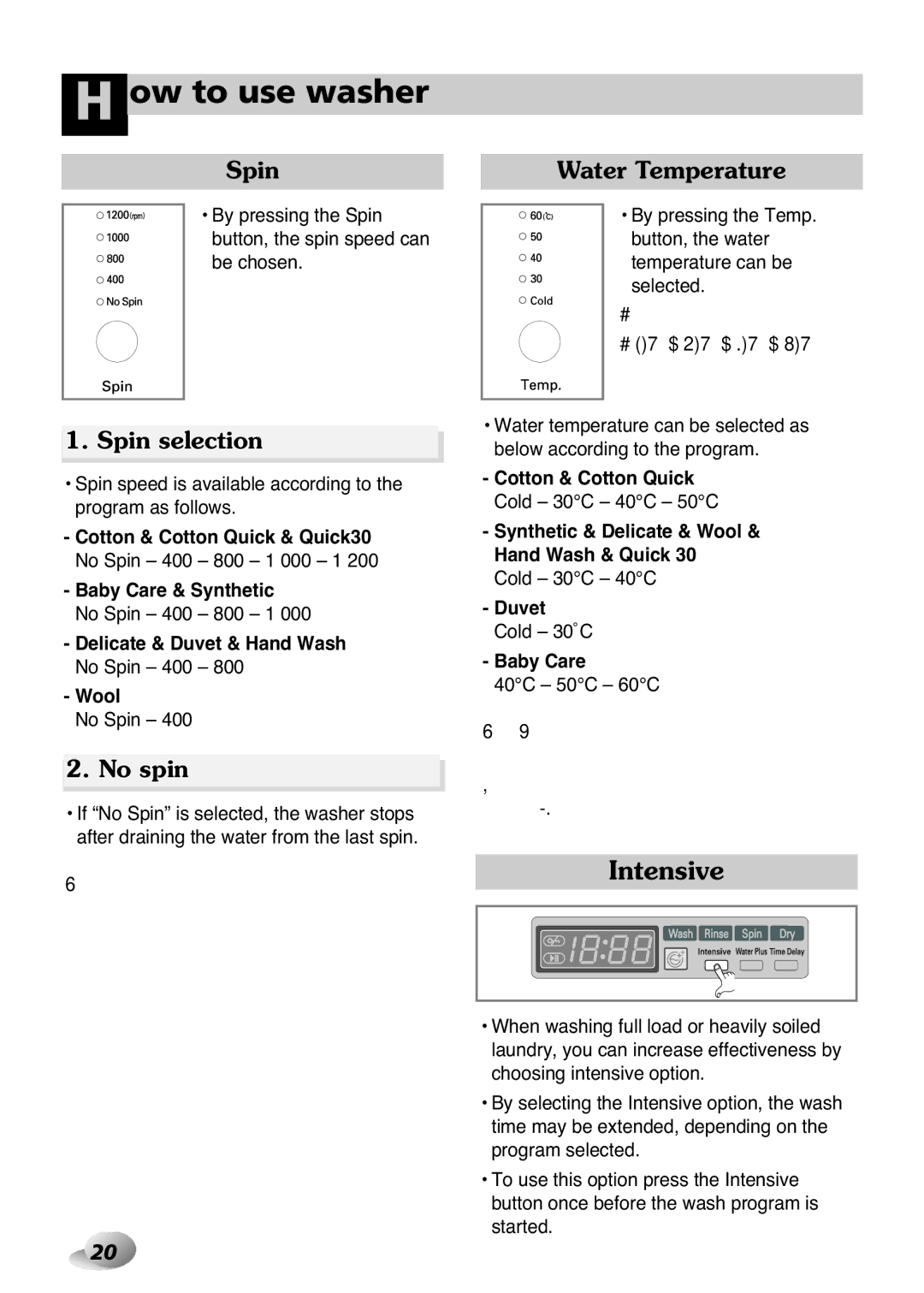 LG Electronics 33P~63P, 2P~32P owner manual Intensive, Spin selection, No spin, Water Temperature 